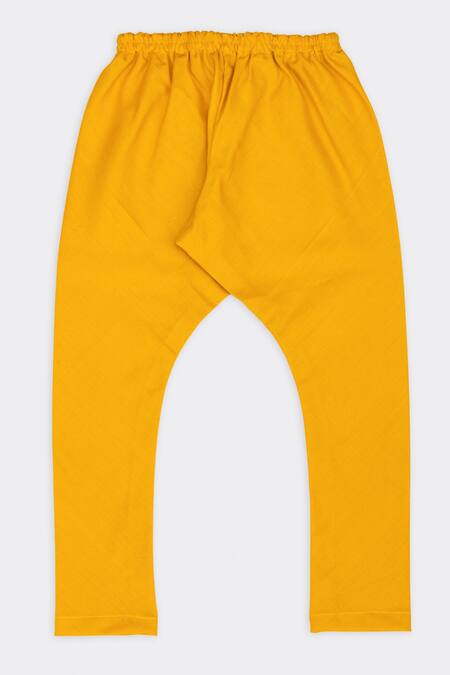 Minikin_Yellow Cotton, Silk, Poplin Embroidery Floral Peacock Print Kurta Set _at_Aza_Fashions