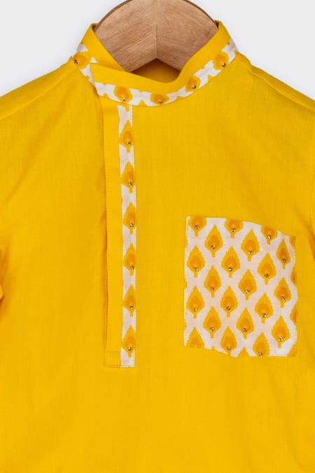 Minikin_Yellow Muslin, Poplin Morpankh Print Kurta Set _Online_at_Aza_Fashions