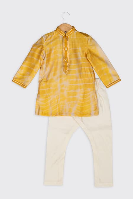 Minikin Yellow Cotton Silk Embroidery Gota Tie And Dye Kurta Set