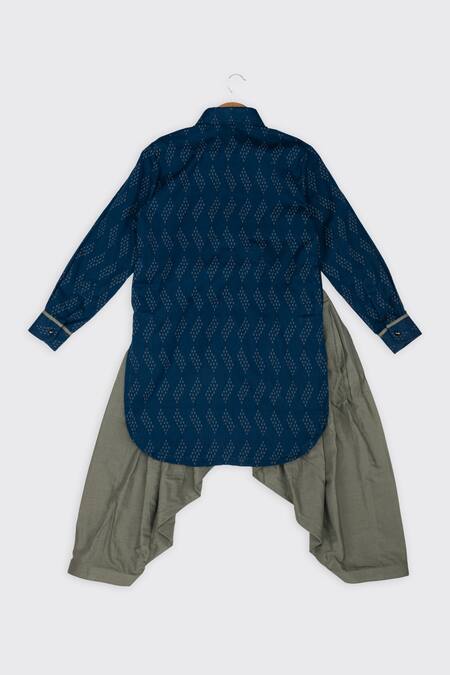 Shop_Minikin_Blue Cotton Printed Geometric Pathani Kurta Set  _at_Aza_Fashions
