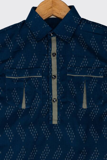 Minikin_Blue Cotton Printed Geometric Pathani Kurta Set  _Online_at_Aza_Fashions