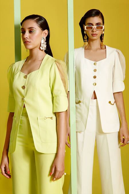 Buy_Label Deepika Nagpal_White Heavy Luxury Crepe And Organza Lining Taffeta Blazer Style Top & Pant Set_Online_at_Aza_Fashions