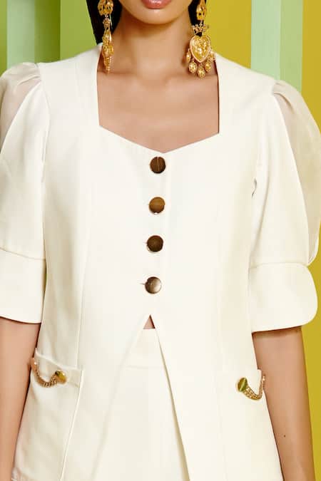 Shop_Label Deepika Nagpal_White Heavy Luxury Crepe And Organza Lining Taffeta Blazer Style Top & Pant Set_Online_at_Aza_Fashions