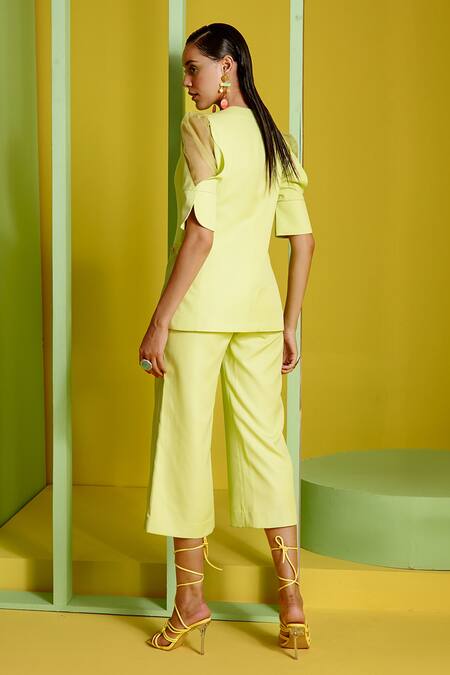 Shop Label Deepika Nagpal Green Heavy Luxury Crepe And Organza Lining Taffeta Blazer Style Top & Pant Set at Aza Fashions Shop_Label Deepika Nagpal_Green Heavy Luxury Crepe And Organza Lining Taffeta Blazer Style Top & Pant Set_at_Aza_Fashions