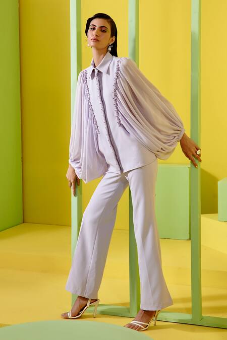 Buy_Label Deepika Nagpal_Purple Heavy Luxury Crepe And Textured Georgette Kimono Style Top & Pant Set_Online_at_Aza_Fashions