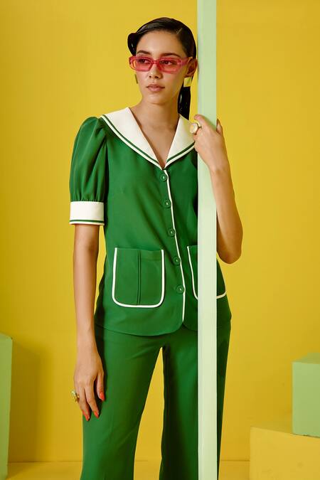 Label Deepika Nagpal_Green Heavy Luxury Crepe Peter Pan Collar Top And Set _Online_at_Aza_Fashions