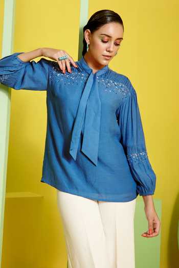 Label Deepika Nagpal Blue Linen Lining Dyed Crepe Sequin And Cutdana Bow Pussy Top Online at Aza Fashions Label Deepika Nagpal_Blue Linen Lining Dyed Crepe Sequin And Cutdana Bow Pussy Top_Online_at_Aza_Fashions