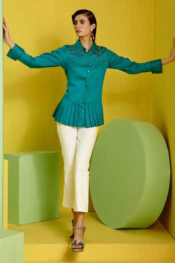 Buy Label Deepika Nagpal Green Pleated Hem Shirt at Aza Fashions Buy_Label Deepika Nagpal_Green Pleated Hem Shirt_at_Aza_Fashions