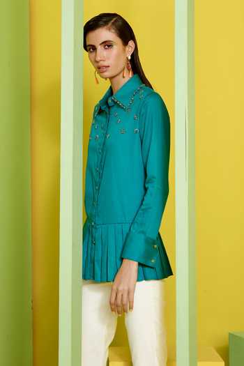 Shop Label Deepika Nagpal Green Pleated Hem Shirt at Aza Fashions Shop_Label Deepika Nagpal_Green Pleated Hem Shirt_at_Aza_Fashions