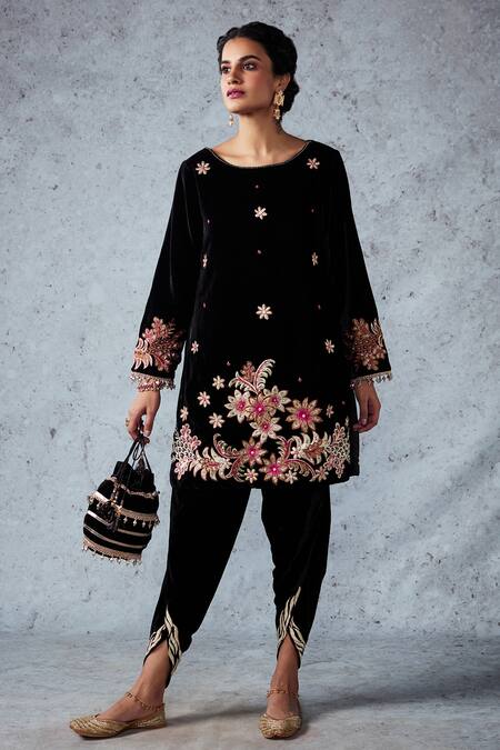 Ajiesh Oberoi_Black Velvet Sequin And Beads, Thread Round Aamna Kurta & Dhoti Pant Set_Online_at_Aza_Fashions