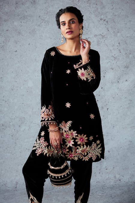 Shop_Ajiesh Oberoi_Black Velvet Sequin And Beads, Thread Round Aamna Kurta & Dhoti Pant Set_Online_at_Aza_Fashions