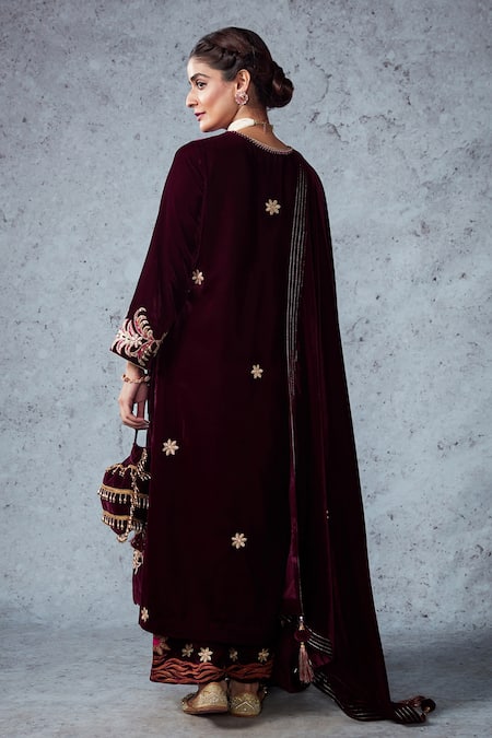 Shop_Ajiesh Oberoi_Purple Velvet Sequin And Beads, Thread Round Ruhi Kurta Palazzo Set _at_Aza_Fashions