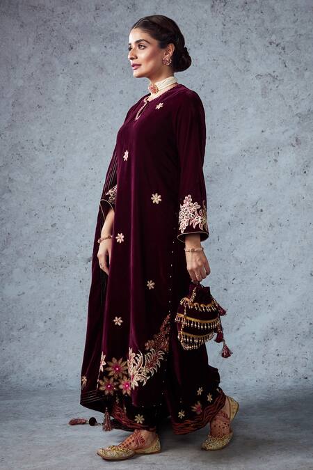 Ajiesh Oberoi_Purple Velvet Sequin And Beads, Thread Round Ruhi Kurta Palazzo Set _Online_at_Aza_Fashions