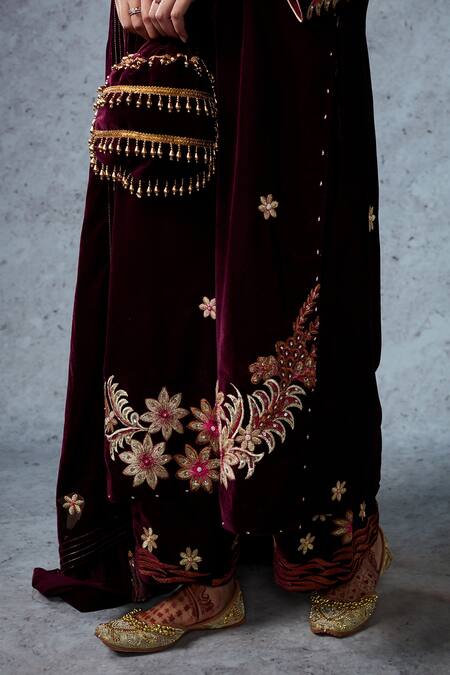 Shop_Ajiesh Oberoi_Purple Velvet Sequin And Beads, Thread Round Ruhi Kurta Palazzo Set _Online_at_Aza_Fashions