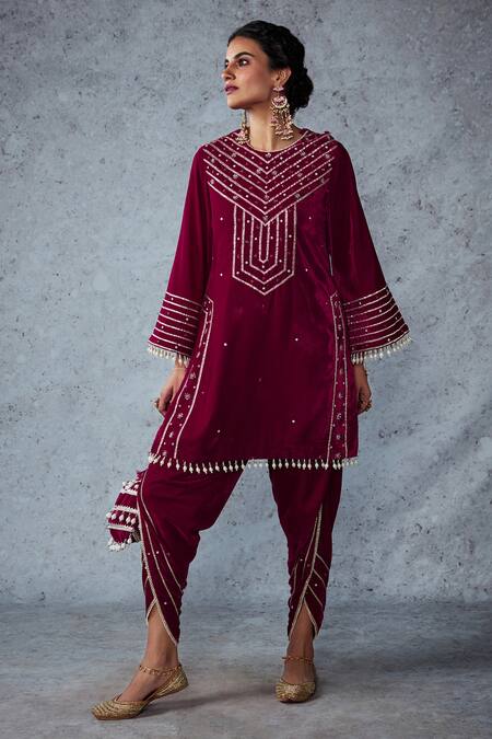 Ajiesh Oberoi_Pink Velvet Beads And Sequin, Gota Patti Round Nusrat Kurta & Salwar Set _Online_at_Aza_Fashions