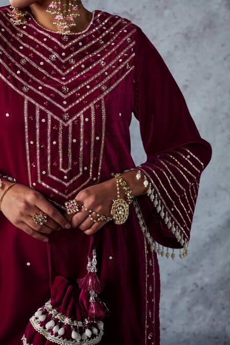 Shop_Ajiesh Oberoi_Pink Velvet Beads And Sequin, Gota Patti Round Nusrat Kurta & Salwar Set _Online_at_Aza_Fashions