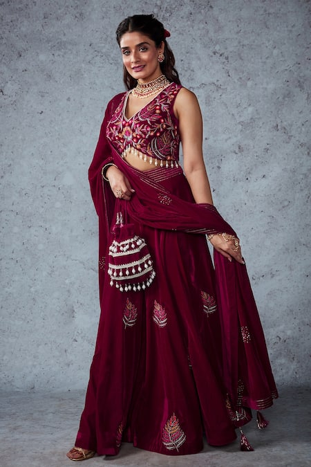 Ajiesh Oberoi_Pink Velvet Thread, Cutdana And Beads V Neck Naveli Crop Top Sharara Set _Online_at_Aza_Fashions