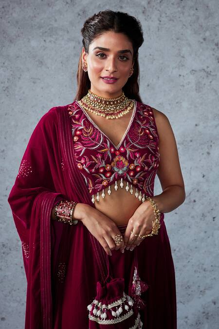 Shop_Ajiesh Oberoi_Pink Velvet Thread, Cutdana And Beads V Neck Naveli Crop Top Sharara Set _Online_at_Aza_Fashions