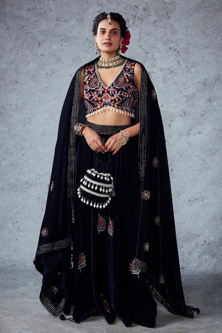 Ajiesh Oberoi Blue Velvet Thread, Cutdana And Beads V Neck Naveli Crop Top Sharara Set Online at Aza Fashions Ajiesh Oberoi_Blue Velvet Thread, Cutdana And Beads V Neck Naveli Crop Top Sharara Set _Online_at_Aza_Fashions
