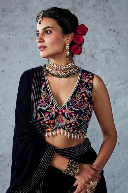 Buy Ajiesh Oberoi Blue Velvet Thread, Cutdana And Beads V Neck Naveli Crop Top Sharara Set Online at Aza Fashions Buy_Ajiesh Oberoi_Blue Velvet Thread, Cutdana And Beads V Neck Naveli Crop Top Sharara Set _Online_at_Aza_Fashions