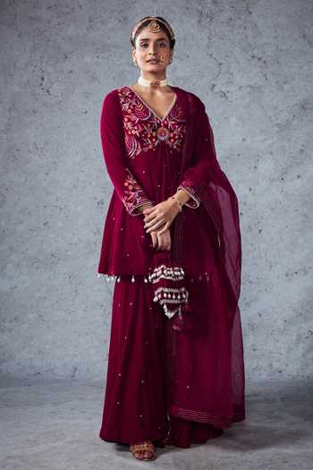 Ajiesh Oberoi_Pink Velvet Sequin And Beads, Thread V Neck Jannat Short Anarkali Gharara Set _Online_at_Aza_Fashions