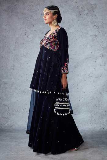Ajiesh Oberoi_Blue Velvet Sequin And Beads, Thread V Neck Jannat Short Anarkali Gharara Set _Online_at_Aza_Fashions
