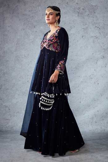 Buy_Ajiesh Oberoi_Blue Velvet Sequin And Beads, Thread V Neck Jannat Short Anarkali Gharara Set _Online_at_Aza_Fashions