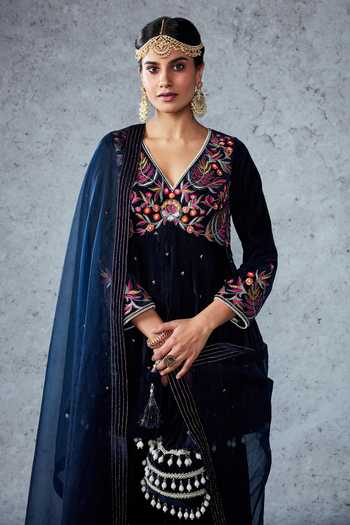 Shop_Ajiesh Oberoi_Blue Velvet Sequin And Beads, Thread V Neck Jannat Short Anarkali Gharara Set _Online_at_Aza_Fashions