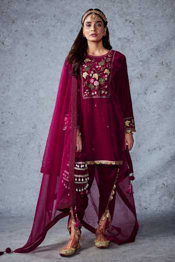 Ajiesh Oberoi_Pink Velvet And Organza Thread & Sequin Round Shabnam Kurta Dhoti Pant Set _Online_at_Aza_Fashions