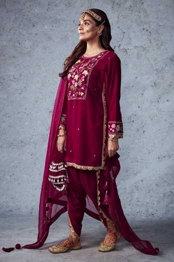 Buy_Ajiesh Oberoi_Pink Velvet And Organza Thread & Sequin Round Shabnam Kurta Dhoti Pant Set _Online_at_Aza_Fashions