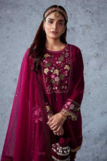 Shop_Ajiesh Oberoi_Pink Velvet And Organza Thread & Sequin Round Shabnam Kurta Dhoti Pant Set _Online_at_Aza_Fashions