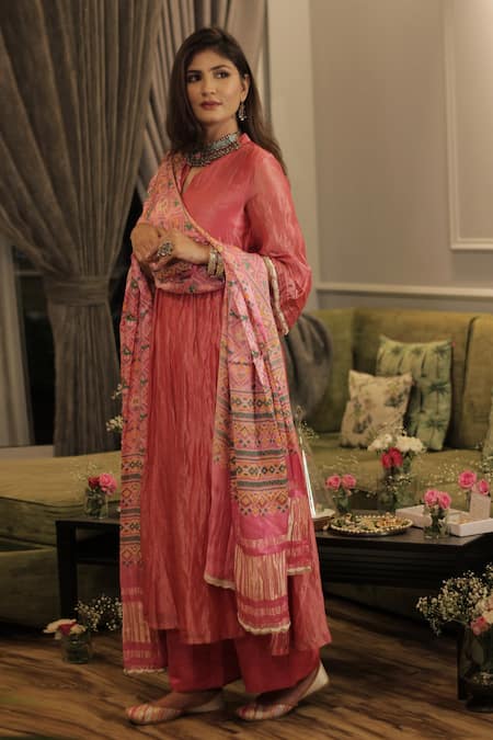 Shop Divya Kanakia Pink Kurta Soft Tissue, Pant Gajji Silk And Dupatta Linen Anarkali Set With at Aza Fashions Shop_Divya Kanakia_Pink Kurta Soft Tissue, Pant Gajji Silk And Dupatta Linen Anarkali Set With _at_Aza_Fashions