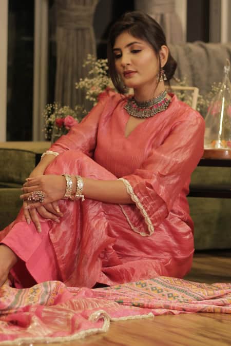 Divya Kanakia Pink Kurta Soft Tissue, Pant Gajji Silk And Dupatta Linen Anarkali Set With Online at Aza Fashions Divya Kanakia_Pink Kurta Soft Tissue, Pant Gajji Silk And Dupatta Linen Anarkali Set With _Online_at_Aza_Fashions