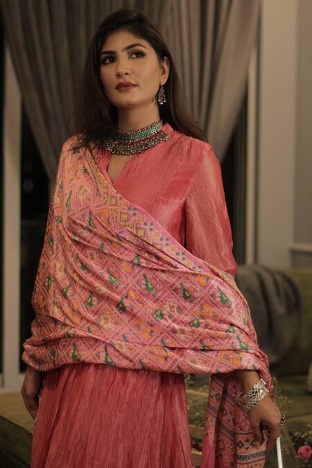 Buy Divya Kanakia Pink Kurta Soft Tissue, Pant Gajji Silk And Dupatta Linen Anarkali Set With Online at Aza Fashions Buy_Divya Kanakia_Pink Kurta Soft Tissue, Pant Gajji Silk And Dupatta Linen Anarkali Set With _Online_at_Aza_Fashions