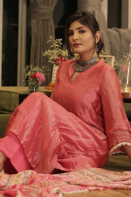 Shop Divya Kanakia Pink Kurta Soft Tissue, Pant Gajji Silk And Dupatta Linen Anarkali Set With Online at Aza Fashions Shop_Divya Kanakia_Pink Kurta Soft Tissue, Pant Gajji Silk And Dupatta Linen Anarkali Set With _Online_at_Aza_Fashions
