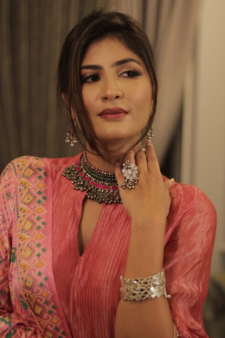 Divya Kanakia Pink Kurta Soft Tissue, Pant Gajji Silk And Dupatta Linen Anarkali Set With at Aza Fashions Divya Kanakia_Pink Kurta Soft Tissue, Pant Gajji Silk And Dupatta Linen Anarkali Set With _at_Aza_Fashions