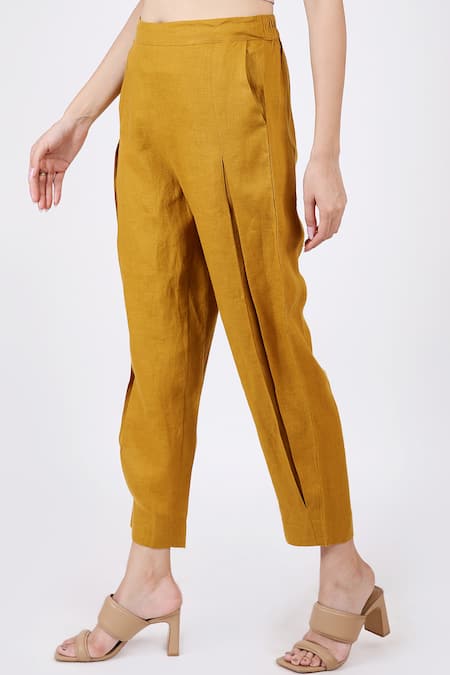 Linen Bloom_Yellow Linen Plain Pleated Pant _Online_at_Aza_Fashions