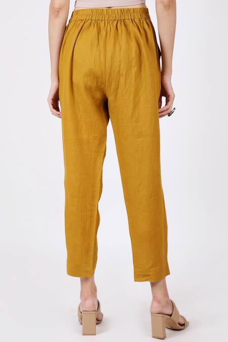 Buy_Linen Bloom_Yellow Linen Plain Pleated Pant _Online_at_Aza_Fashions
