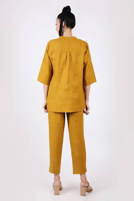 Shop_Linen Bloom_Yellow Linen Embroidery Floral Mandarin Collar Tunic _at_Aza_Fashions