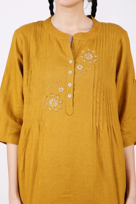 Buy_Linen Bloom_Yellow Linen Embroidery Floral Mandarin Collar Tunic _Online_at_Aza_Fashions