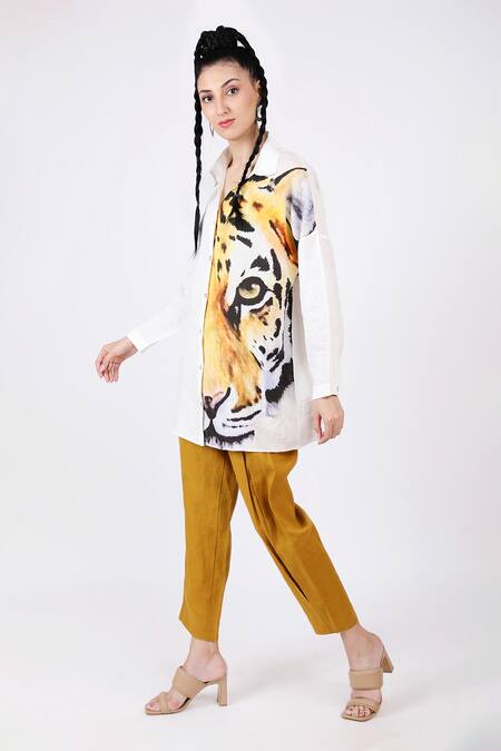Linen Bloom White Linen Tiger Shirt Collar Print Online at Aza Fashions Linen Bloom_White Linen Tiger Shirt Collar Print _Online_at_Aza_Fashions