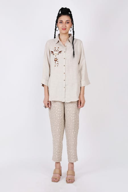 Linen Bloom Linen Giraffe Embroidered Shirt 