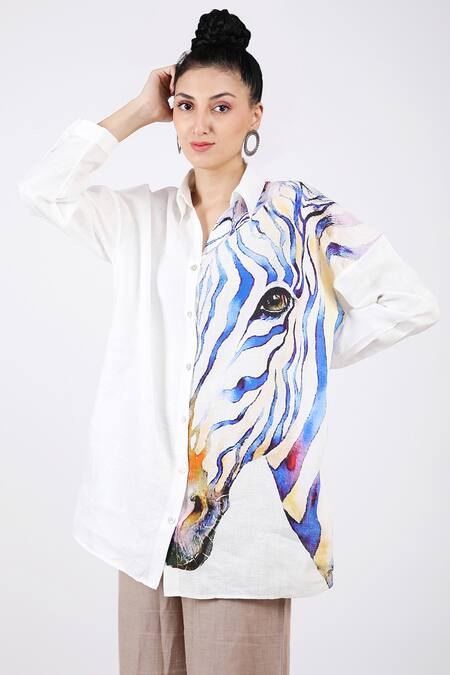 Linen Bloom_White Linen Zebra Shirt Collar Print _Online_at_Aza_Fashions