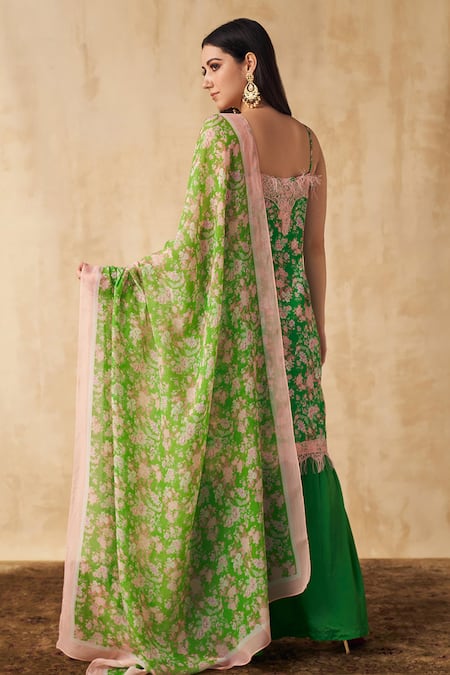 Shop SAKSHI GIRRI Green Satin, Crepe And Organza Floral Straight Printed Kurta Sharara Set at Aza Fashions Shop_SAKSHI GIRRI_Green Satin, Crepe And Organza Floral Straight Printed Kurta Sharara Set_at_Aza_Fashions