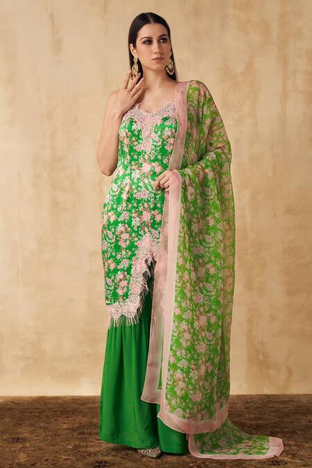 SAKSHI GIRRI Green Satin, Crepe And Organza Floral Straight Printed Kurta Sharara Set Online at Aza Fashions SAKSHI GIRRI_Green Satin, Crepe And Organza Floral Straight Printed Kurta Sharara Set_Online_at_Aza_Fashions