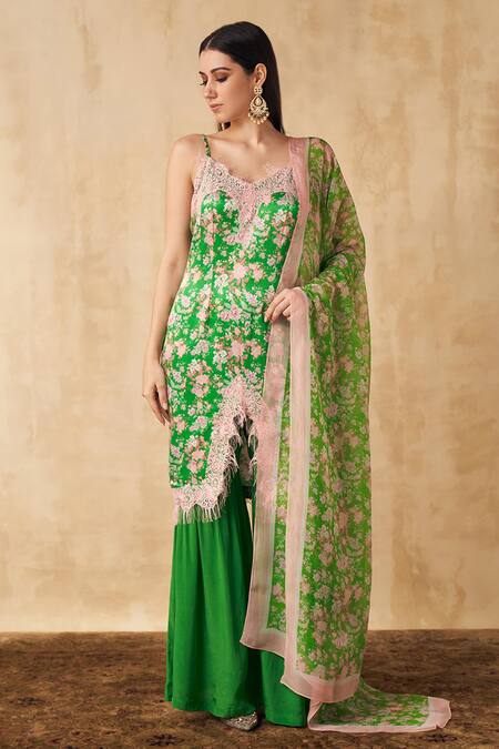 Buy SAKSHI GIRRI Green Satin, Crepe And Organza Floral Straight Printed Kurta Sharara Set Online at Aza Fashions Buy_SAKSHI GIRRI_Green Satin, Crepe And Organza Floral Straight Printed Kurta Sharara Set_Online_at_Aza_Fashions