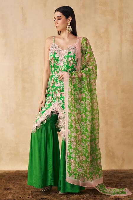 Shop SAKSHI GIRRI Green Satin, Crepe And Organza Floral Straight Printed Kurta Sharara Set Online at Aza Fashions Shop_SAKSHI GIRRI_Green Satin, Crepe And Organza Floral Straight Printed Kurta Sharara Set_Online_at_Aza_Fashions