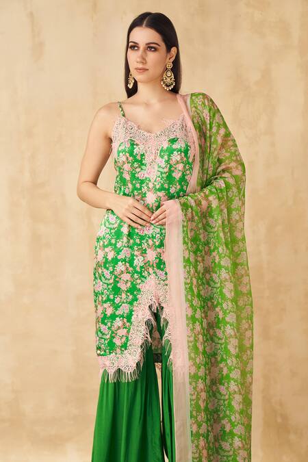 SAKSHI GIRRI Green Satin, Crepe And Organza Floral Straight Printed Kurta Sharara Set at Aza Fashions SAKSHI GIRRI_Green Satin, Crepe And Organza Floral Straight Printed Kurta Sharara Set_at_Aza_Fashions