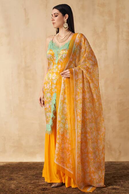 Buy_SAKSHI GIRRI_Yellow Satin, Crepe And Organza Floral Straight Printed Kurta Sharara Set_Online_at_Aza_Fashions