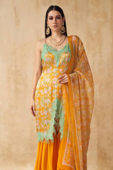 Shop_SAKSHI GIRRI_Yellow Satin, Crepe And Organza Floral Straight Printed Kurta Sharara Set_Online_at_Aza_Fashions